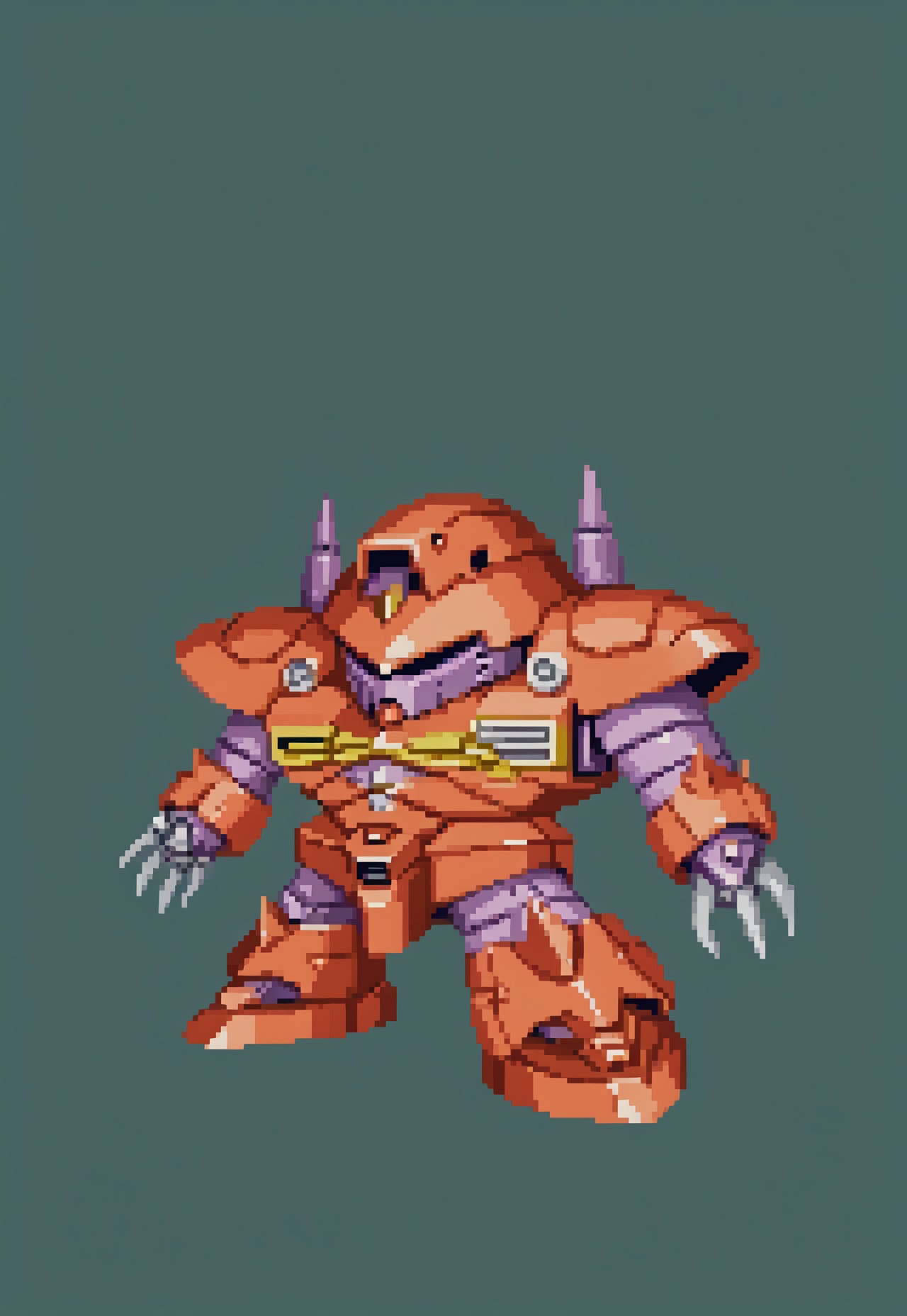 (full body view), (masterpiece), (ultra detailed), best quality, zgok, red_zgok_armor, robot, no humans, mecha, chibi, green background, simple background, SRWFStyle