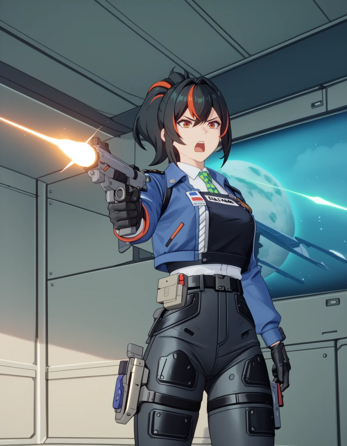 score_9, score_8_up, score_7_up, <lora:After_War_Gundam_X_Style_æ©åæ°ä¸ç´ã¬ã³ãã Xã®ä½é¢¨:0.8> AWGXS, cel animation <lora:zzz-pack-v5-ponyxl-000030:0.9:lbw=0,0,0,0,0,0,1,1,0,0,0,0> 1girl, solo,
zhuyuan, ponytail, cropped jacket, collared shirt, green necktie, black gloves, belt, pants,
shouting, aiming, motion lines, beam rifle, gun, intense, glowing weapon, indoors, cowboy shot, spacecraft interior, spacecraft bridge