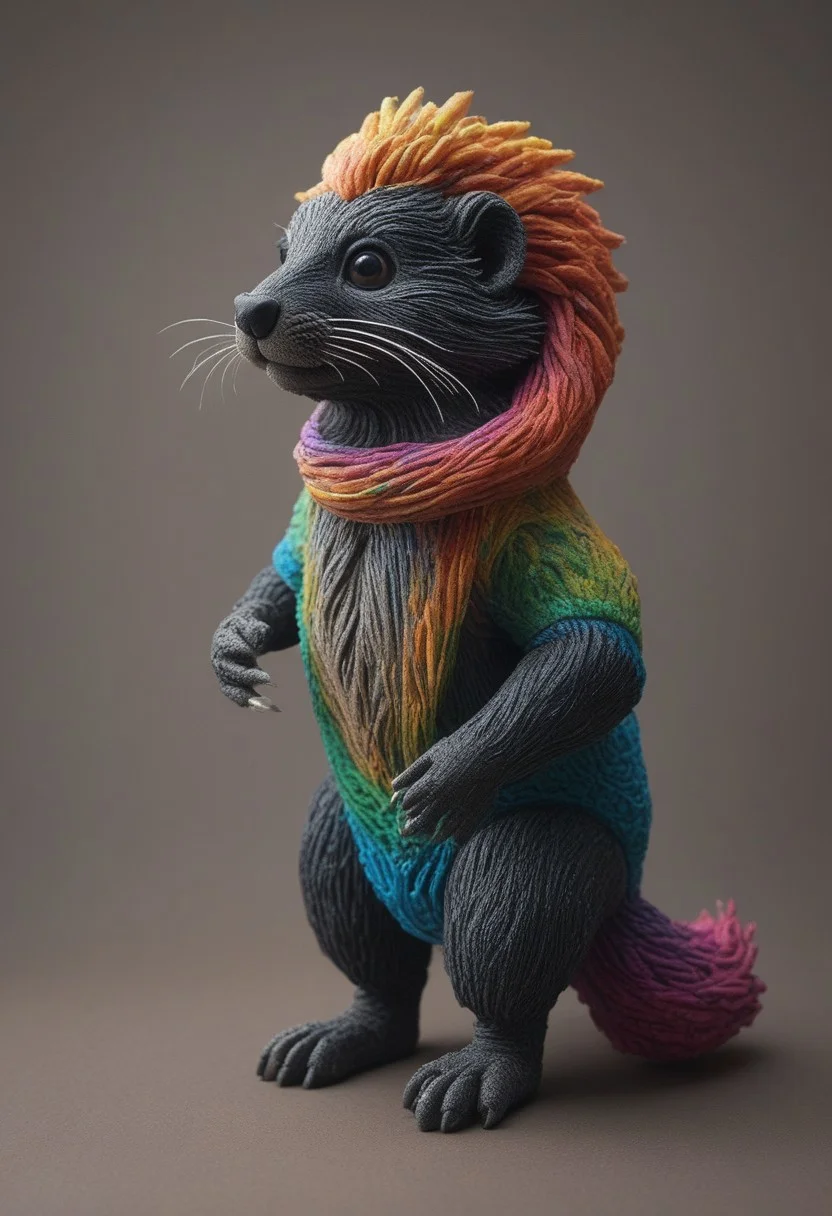a cute chibby skunk with big rainbow eyes made out of clay, it wears a cool rainbow bandana, very detailed, 4k, sharp, eating rainbow worms, novuschroma51 style