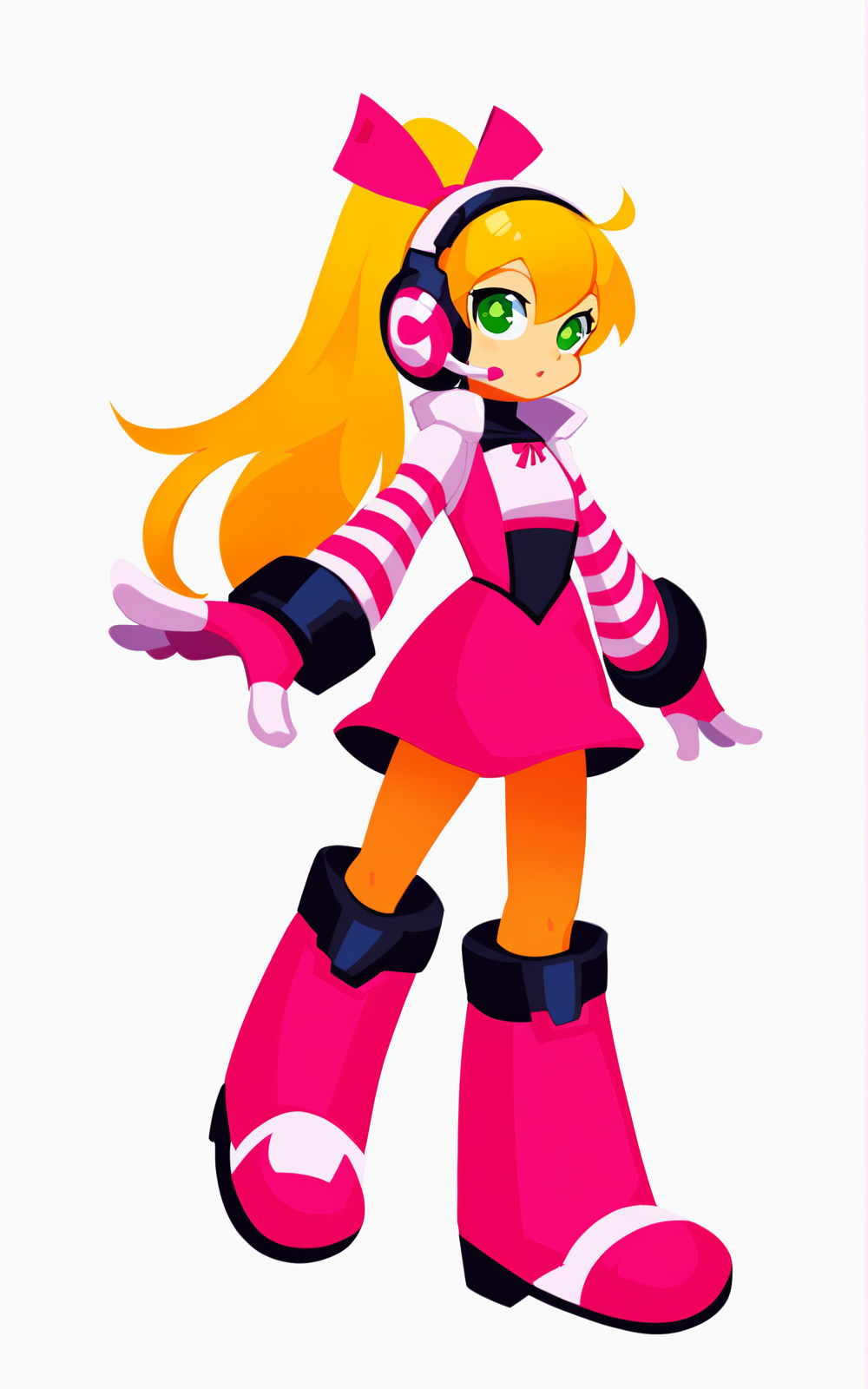 score_9, score_8_up, score_7_up,((best quality)), absurdres, ((full body)), <lora:BolivanteStyle:0.8>,  <lora:CMN9PXL:0.8>,CMN9PXL, hair ribbon, ponytail, boots, headphones, knee boots, headset, striped sleeves, dress, skirt, multicolored dress, green eyes, pink dress, pink boots, long hair,blonde hair, gloves, ribbon, white background