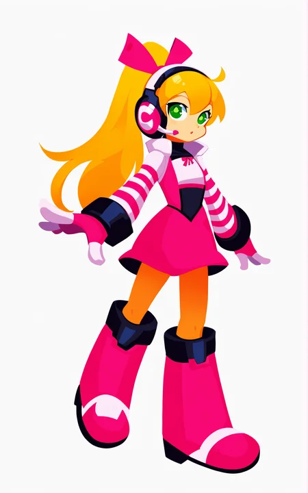 score_9, score_8_up, score_7_up,((best quality)), absurdres, ((full body)), <lora:BolivanteStyle:0.8>,  <lora:CMN9PXL:0.8>,CMN9PXL, hair ribbon, ponytail, boots, headphones, knee boots, headset, striped sleeves, dress, skirt, multicolored dress, green eyes, pink dress, pink boots, long hair,blonde hair, gloves, ribbon, white background