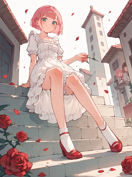 score_8_up, score_7_up, score_6_up, source_anime, 1girl, from below, shoe focus
smile, Crew Cut with Skin Fade, Rose pink hair
<lora:Shoes_02:1> white socks, red footwear
white dress, frilly dress