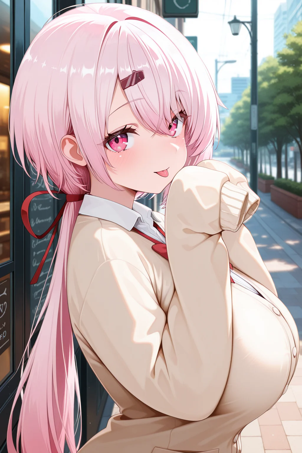 1girl, ShiinaYuikaNijisanji,
general, solo, from side,
pink hair, hairclip, hair between eyes, eyelashes, pink eyes,
ponytail, huge breasts,
cardigan, collared shirt, neck ribbon, sleeves past fingers,
dating, looking at viewer, \:p, hands up, foward hands,
<lora:kp_ShiinaYuikaNijisanji1stCostumeIllustrious_v1_0:1.0>,
masterpiece, best quality, amazing quality