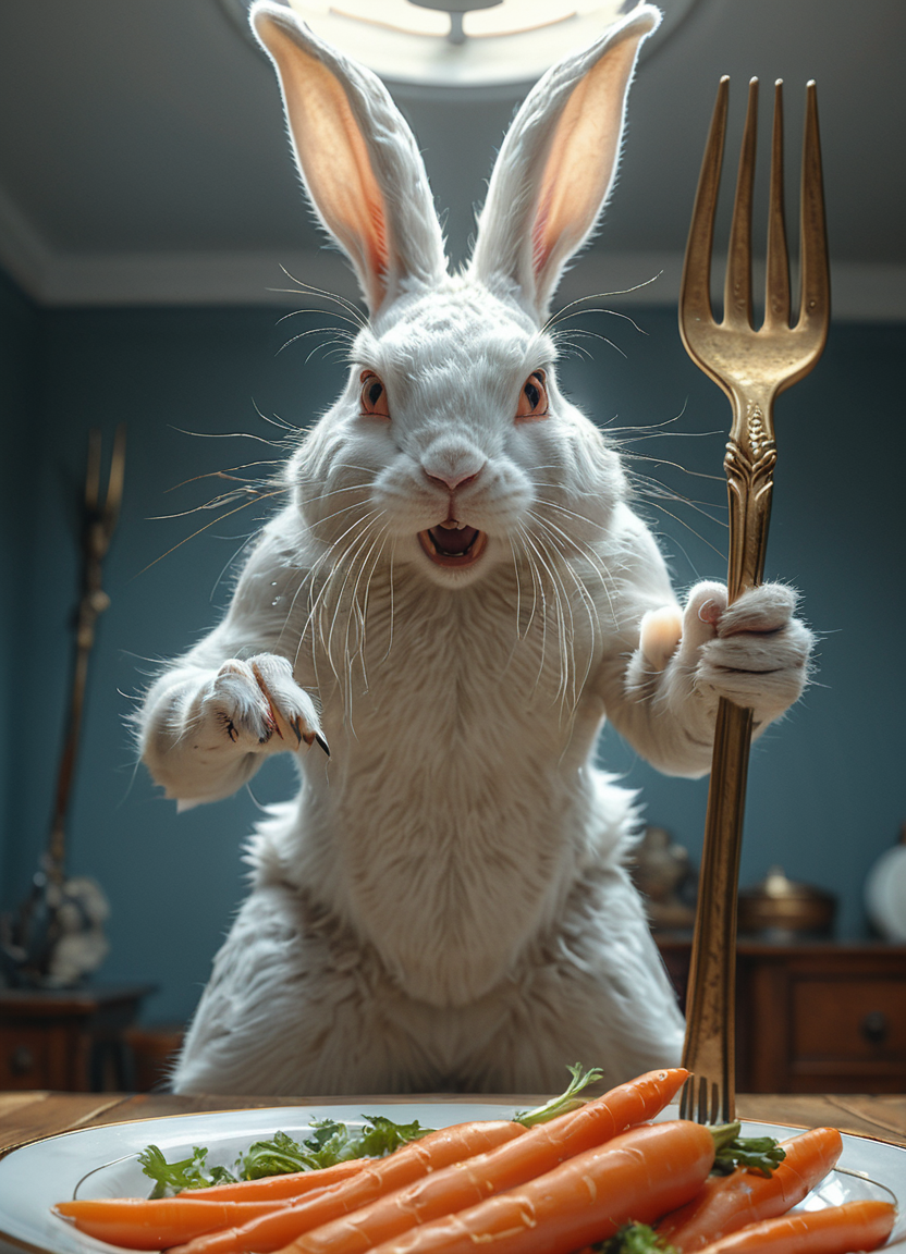 action photo, angry white rabbit with a (big fork-trident:1.5), attacks the viewer, carrots, (bottom view:1.5), in room, 8k, F2.8, RAW Photo, ultra detailed, soft lighting, real life <lora:XL_Weapon_Trident_-_By_HailoKnight:0.9>