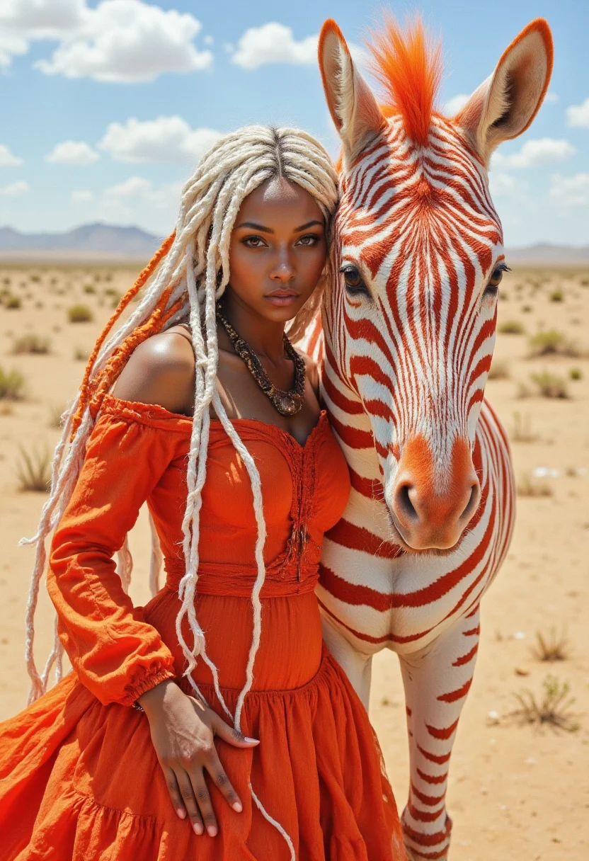 A photograph featuring a striking juxtaposition of a woman and a zebra against a vast, arid landscape under a bright, sunny sky. The woman, with long, flowing dreadlocks dyed in a gradient from white to a vibrant orange, is dressed in an off-shoulder, long-sleeved, orange dress made of a textured fabric that appears to be a blend of cotton and silk. The dress has a ruffled hem and intricate embroidery along the neckline and sleeves. She is leaning affectionately against the zebra, which has striking white and orange stripes, creating a harmonious blend of colors. The zebra's mane is also dyed orange, matching the woman's hair. The woman's skin tone is light, and her eyes are accentuated with subtle makeup, giving her a natural yet striking appearance. The background consists of a vast, sunlit landscape with dry, sandy terrain and sparse vegetation, indicating a desert environment. The sky is mostly clear with a few scattered clouds, suggesting a bright, clear day.