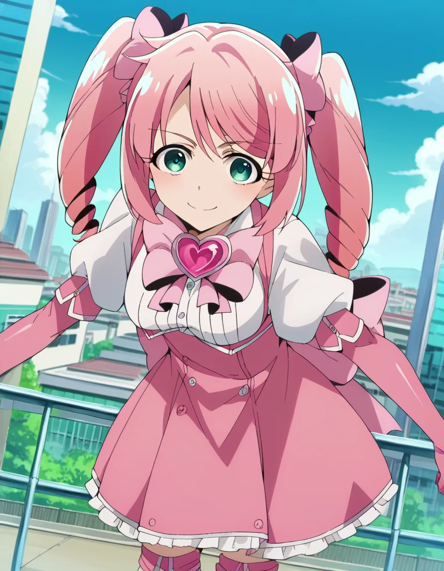 score_9, score_8_up, score_7_up, source_anime,
harukahanabishi, <lora:haruka-hanabishi-ponyxl-lora-nochekaiser:1>
haruka hanabishi, twintails, green eyes, pink hair,
thighhighs, gloves, dress, bow, magical girl, pink gloves,
outdoors, cityscape, bent over, smile,
looking at viewer, dutch angle, cowboy shot