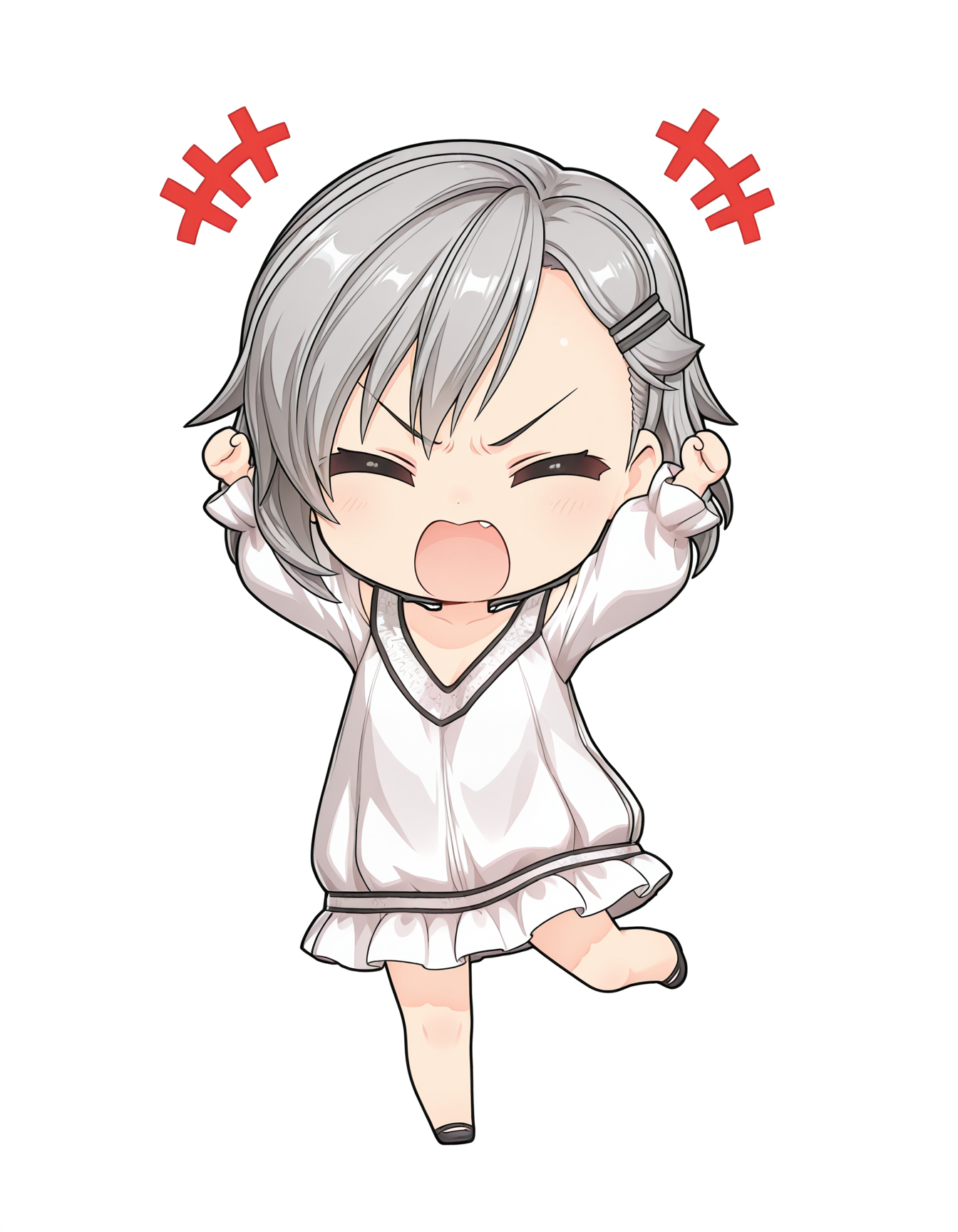 1girl, <lora:orikishi_mitsu:1> ,orikishi_mitsu,mitsu_dress,
chibi, deformed,(angry:1.2),white background,arms up,closed eyes, open_mouth,^o^,standing on one leg, (spread legs:0.6),