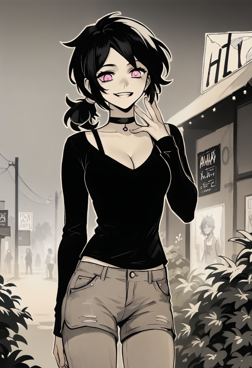 score_9, score_8_up, score_7_up, source_anime,   <lora:ashley4graves2pony-000004:0.9>, ashleygrav43es, 1girl, solo, breasts, cleavage, pants, smile, black hair, ponytail, pink eyes, choker, shirt, limited palette, long sleeves, standing, short shorts, background gray gradient