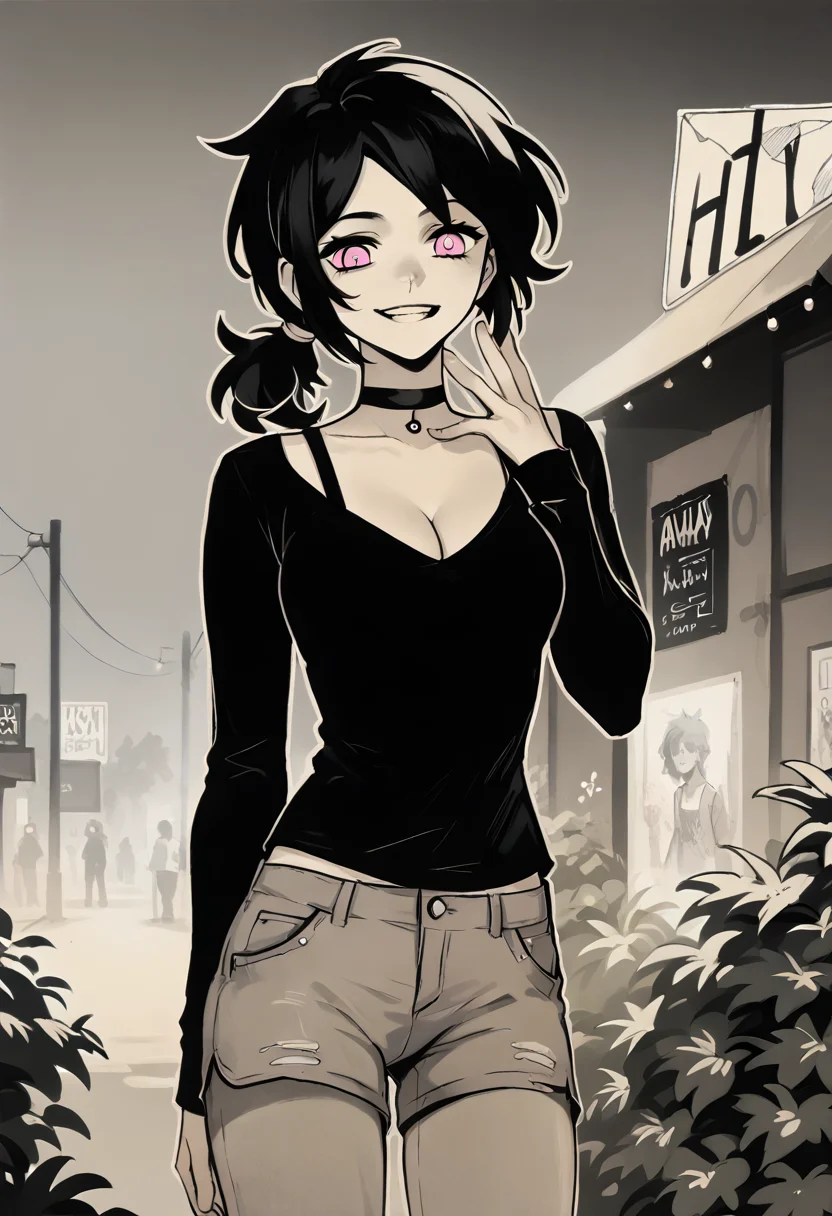 score_9, score_8_up, score_7_up, source_anime, <lora:ashley4graves2pony-000004:0.9>, ashleygrav43es, 1girl, solo, breasts, cleavage, pants, smile, black hair, ponytail, pink eyes, choker, shirt, limited palette, long sleeves, standing, short shorts, background gray gradient