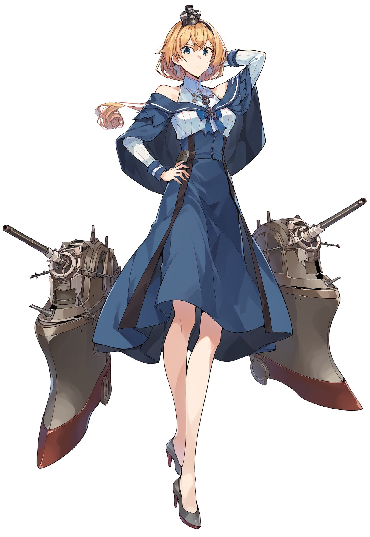 score_9, score_8, score_7, source_anime, valiant (kancolle), overskirt, full body, high heels, machinery, turret, rigging, looking down, arm behind head, hand on own hip