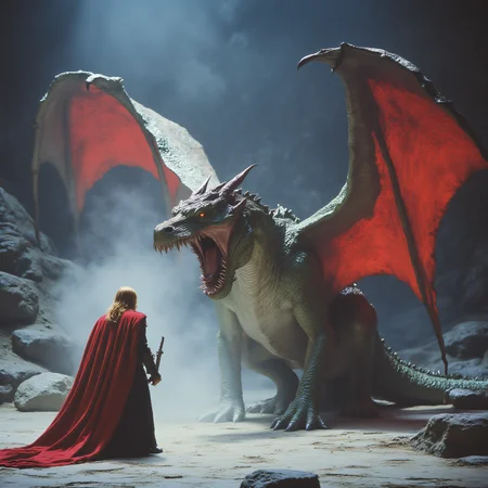 ArsMovieStill, 80s Fantasy Movie Still, The image shows a scene from a fantasy movie. It shows a large dragon with red wings and sharp teeth roaring with its mouth wide open. The dragon is standing on a rocky terrain with a stone wall in the background. In front of the dragon there is a man with long hair wearing a red cloak and holding a sword. He appears to be in the midst of a battle with the dragon. The sky is dark and cloudy and there is smoke coming out of the mouth suggesting that the scene is taking place at night. The overall mood of the image is intense and dramatic., dragon, weapon, sword, cape, wings, holding, open mouth, red cape, holding weapon, 1boy