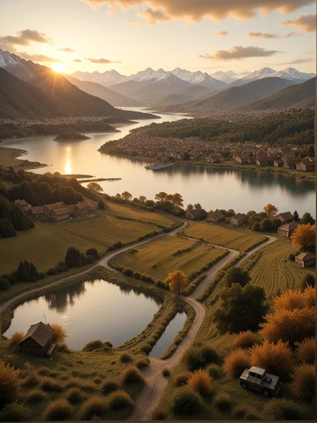 A stunning landscape photograph taken from a bird's eye view, capturing a beautiful sunset over a river and mountains. The sky is filled with vibrant oranges, pinks, and purples, with the sun partially obscured by the clouds. The river is calm and reflects the warm light of the setting sun. The landscape is lush and green, with rolling hills and a small village nestled in the distance. The village is small and quaint, with a few buildings and a winding path leading into the river. The overall atmosphere is peaceful and serene..    

,
masterpiece, best quality, amazing quality, very aesthetic, perfect, eyes, grown, 24yo, (USNR),





,A stunning landscape photograph taken from a bird's eye view, featuring a beautiful sunset over a large body of water with snow-capped mountains in the background. The sky is filled with warm, orange hues, and the sun is partially visible on the left side of the image. The water reflects the warm colors of the sky, creating a mirror-like effect on the water's surface. The landscape is lush with trees, and there are a few buildings scattered along the shoreline. The overall scene is peaceful and serene, with a sense of tranquility and tranquility..    

,
masterpiece, best quality, amazing quality, very aesthetic, perfect, eyes, grown, 24yo, photorealistic, (USNR),





,flower, outdoors, sky, cloud, water, tree, no_humans, cloudy_sky, building, scenery, nature, motor_vehicle, reflection, sunset, city, mountain, sun, car, road, watercraft, field, house, street, river, mountainous_horizon, evening, boat, landscape, lake, orange_sky, path, hill, town, reflective_water, truck, village, rice_paddy, rural
,
