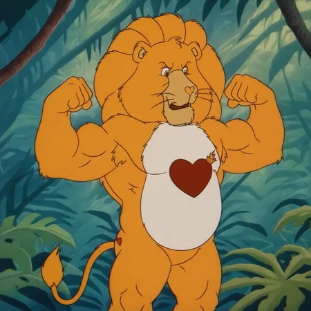 lion, highly detailed, yellow body, standing very tall, muscular, bara, mane, tail, detailed eyes, solo, flexing arms, in a jungle, heart shaped nose,