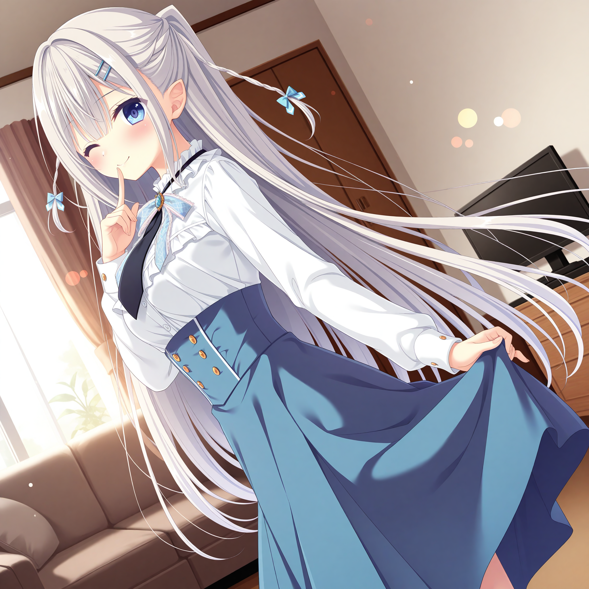 <lora:Sakuragi_Mizuha_1_nai-000045:1>,Sakuragi Mizuha,hairclip,
two side up,twin braids,hair bow,blue bow,white shirt,blue skirt,long sleeves,high-waist skirt,pleated skirt,long skirt,frilled shirt collar,frilled shirt,black necktie,light blue bowtie,frilled bowtie,
BREAK
1girl,solo,one eye closed,looking at viewer,indoors,skirt lift,smile,blush,living room,lens_flare,dutch angle,finger to mouth,from side,