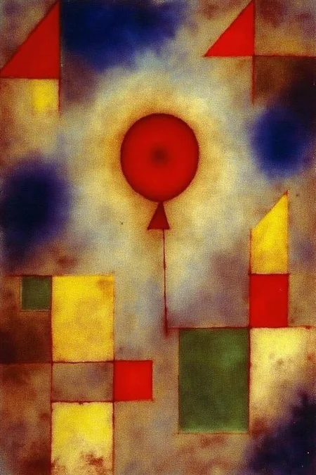 paulklee1 painting. A composition of rectangular and square forms in red, yellow, blue, and green. The central element is a shiny red balloon floating in the air. <lora:paulklee1_cap_d8a4e6:1.0><lora:838881115478622427:0>
