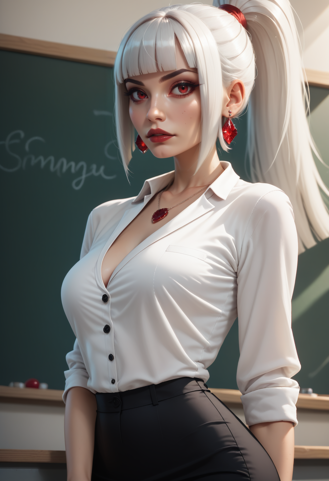 score_9, score_8_up, score_7_up,
1girl, solo, teacher, standing, leaning against chalkboard, math, ruby earrings, ruby necklace,
<lora:Dark_Sayuki_Pony_v0.1:0.5> d4rks4yuk1, white hair, hime cut, ponytail,