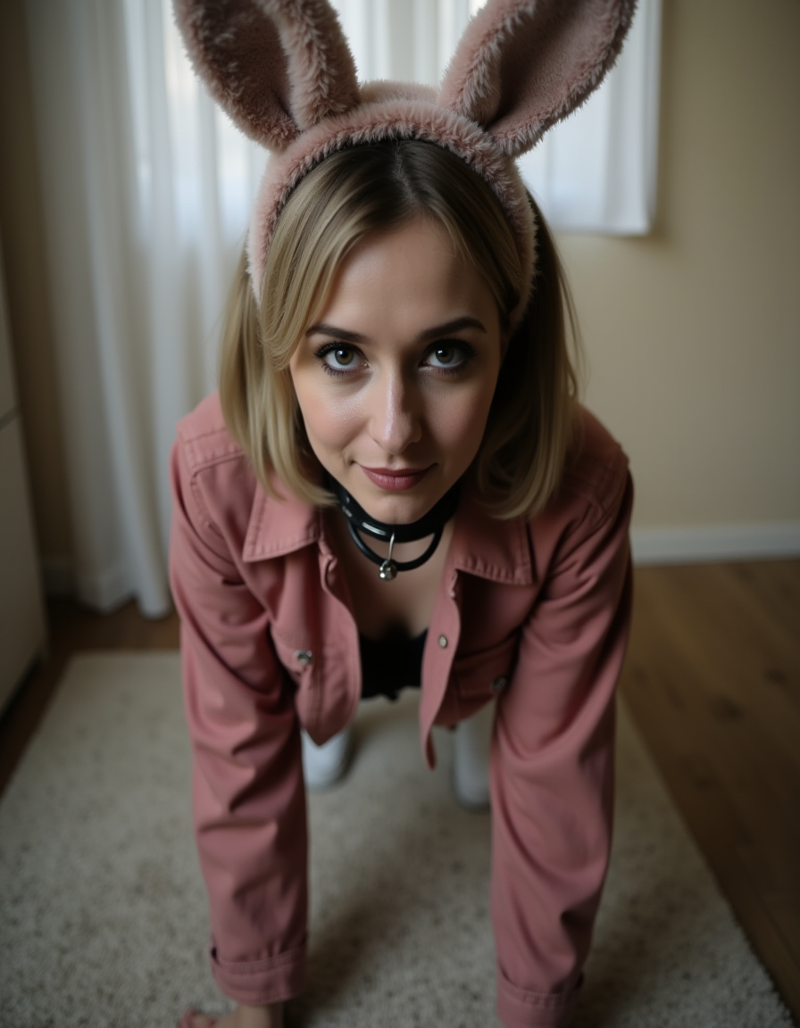 <lora:Pet Play (Flux):0.8>,a clothed woman indoors with animal ears on all fours wearing a collar,