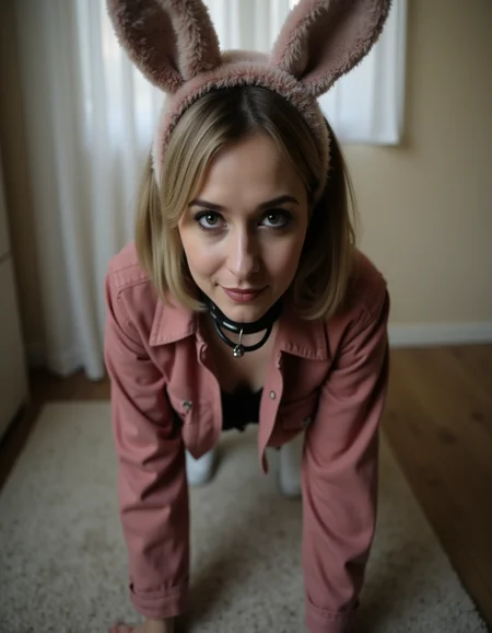 <lora:Pet Play (Flux):0.8>,a clothed woman indoors with animal ears on all fours wearing a collar,
