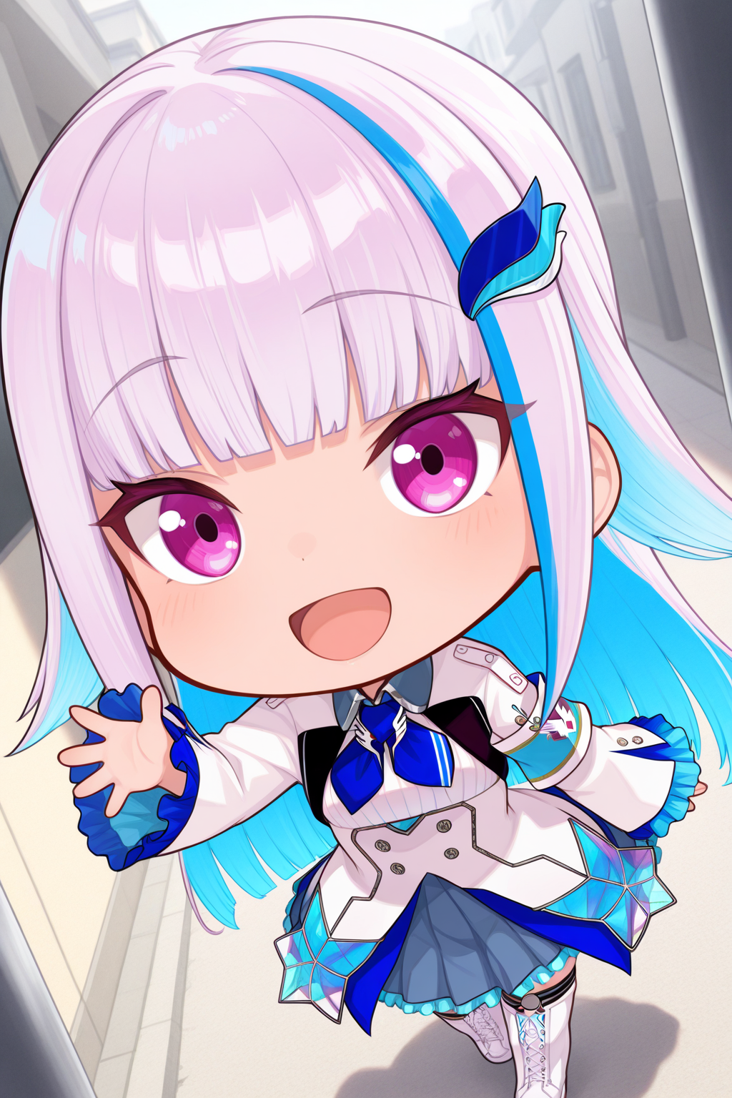 1girl, LizeHelestaNijisanji, 
safe, solo, dutch angle, chibi, mikudayoo,
\:D, waving, walking,
white jacket,
<lora:kp_LizeHelestaNijisanji1stCostumeIllustrious_v1_0:1.0>,
masterpiece, best quality, amazing quality
