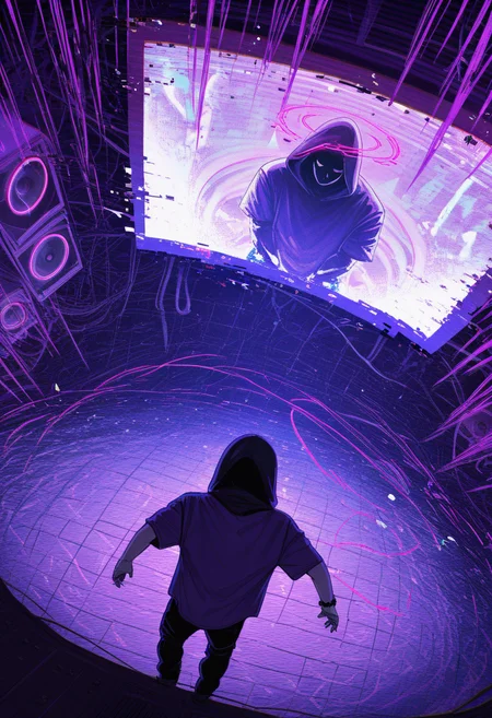 <lora:Layout1_IL:0.7> layout1, masterpiece, best quality, amazing quality, very aesthetic, absurdres, newest, lines, screen, glitch, huge speaker at the center, ring of neon light, sound wave, sound lines, <lora:ChamIllustriousBackgroundEnhancer:1.2>, masterpiece, best quality, dynamic angle, dynamic shot, 1boy, solo, (mature:1.2), hood, short sleeve, shirt, black face, poster art, abstract, collage, (random textures, glitch effect:1.2), green and purple color palette, soft lighting, limited palette, (glitch:1.4), gltich background, male, (body glitch:1.4),