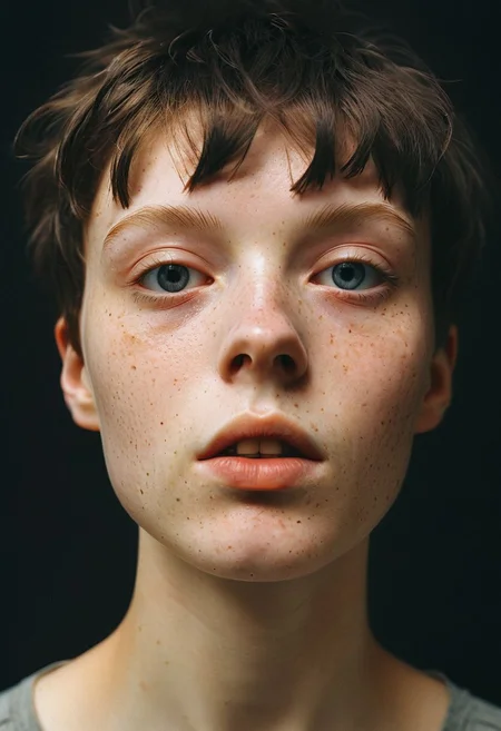 A photo Luce Doe, a 25 year old woman.  Short boyish hair, black hair. Posing in the studio. Soft studio lighting. 
Detailed, emotional face.
(detailed skin, pores, sweat, rosacea, blemishes, acne, freckles, imperfections, tan (moles-)), detailed eyes,
 style of Caravaggio.
Hasselblad, Kodak Ektar 100