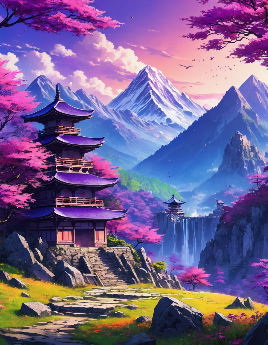masterpiece, anime style, sharp, no humans, perfect landscape, mountains, purple trees, ruins, vibrant, colorful