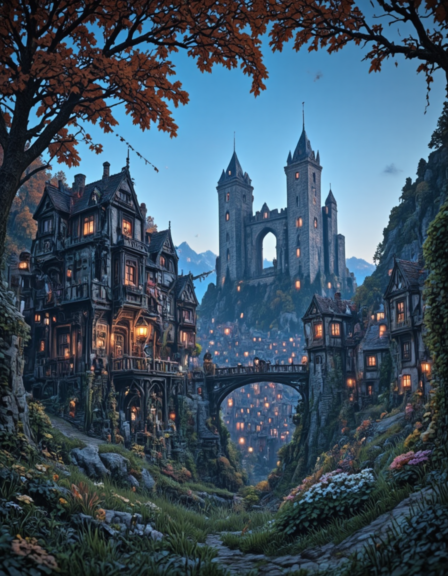 <lora:Medieval_Worlds_Special_fl:1> medieval, steampunk, very detailed, illuminated, city lights, vegetation, day, high castle in the background, castle bridge, high tower, high tower in the background, high castle, tower, flowers, roots, grass, autumn, poetic, on a mountain, houses, shop, under tree, mw01out, blue sky