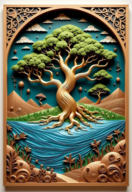layered paper depiction  of a surreal carving style artwork (Earth depicted as a delicate balance of ecosystems, intricate details, surrealistic style, environmental theme, On the top is 1(Tree of life) symbolizing ecological balance and harmony, detailed intricate roots and branches, vibrant colors, high resolution, inspirational, ecosystem), Surreal backdrop with a Zentangle-style background, high detail, traditional paper cut art, golden palette, dynamic composition, artstation, 4k resolution, masterpiece