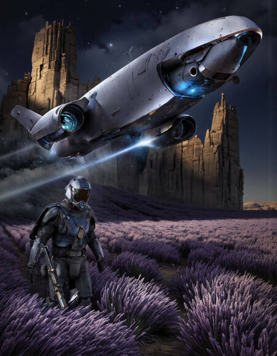 By Brandon Le. A digital illustration shoot from a far camera angle about a futuristic sci-fi scene featuring a futuristic spaceship and a humanoid figure in a lavender field at night. the scene is set against a dark, starry sky with a distant, crumbling structure in the background. on the left side of the image, a futuristic, metallic spaceship with a sleek design and glowing blue accents is flying low over the foreground, while on the right side, a larger, humanoid figure stands in a field of lavender flowers, facing the viewer. the figure is wearing a black, armored suit with a helmet and holding a gun, and is positioned in the foreground. the spaceship has a sleek, streamlined design with a large, angular nose and a pointed nose, and its wings are spread wide as it soars through the night sky. the background features tall, jagged structures with a blue glow emanating from the cockpit, and the scene has a dramatic, ethereal quality, with a focus on the textures and lighting that create a sense of depth and dimensionality.