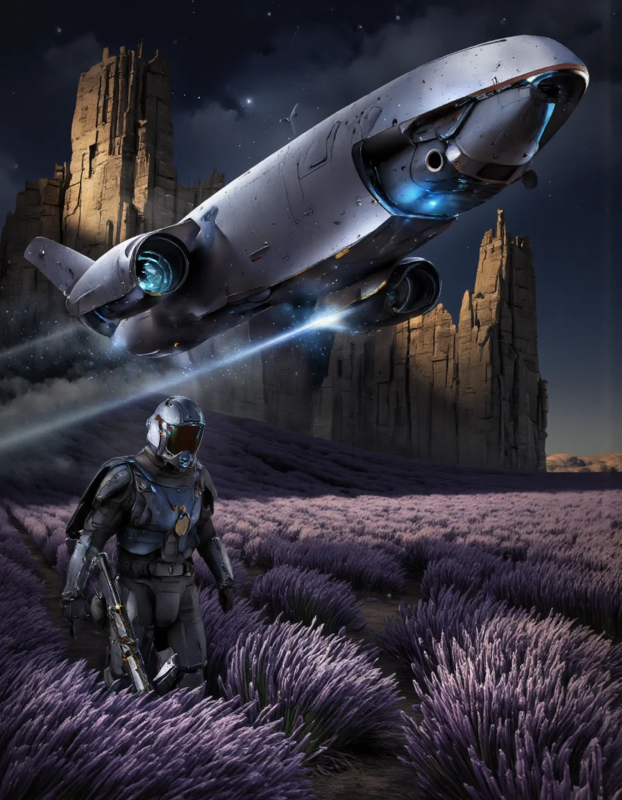 By Brandon Le. A digital illustration shoot from a far camera angle about a futuristic sci-fi scene featuring a futuristic spaceship and a humanoid figure in a lavender field at night. the scene is set against a dark, starry sky with a distant, crumbling structure in the background. on the left side of the image, a futuristic, metallic spaceship with a sleek design and glowing blue accents is flying low over the foreground, while on the right side, a larger, humanoid figure stands in a field of lavender flowers, facing the viewer. the figure is wearing a black, armored suit with a helmet and holding a gun, and is positioned in the foreground. the spaceship has a sleek, streamlined design with a large, angular nose and a pointed nose, and its wings are spread wide as it soars through the night sky. the background features tall, jagged structures with a blue glow emanating from the cockpit, and the scene has a dramatic, ethereal quality, with a focus on the textures and lighting that create a sense of depth and dimensionality.