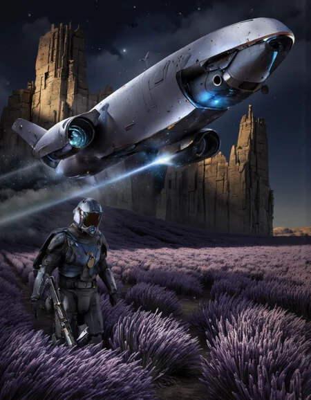 By Brandon Le. A digital illustration shoot from a far camera angle about a futuristic sci-fi scene featuring a futuristic spaceship and a humanoid figure in a lavender field at night. the scene is set against a dark, starry sky with a distant, crumbling structure in the background. on the left side of the image, a futuristic, metallic spaceship with a sleek design and glowing blue accents is flying low over the foreground, while on the right side, a larger, humanoid figure stands in a field of lavender flowers, facing the viewer. the figure is wearing a black, armored suit with a helmet and holding a gun, and is positioned in the foreground. the spaceship has a sleek, streamlined design with a large, angular nose and a pointed nose, and its wings are spread wide as it soars through the night sky. the background features tall, jagged structures with a blue glow emanating from the cockpit, and the scene has a dramatic, ethereal quality, with a focus on the textures and lighting that create a sense of depth and dimensionality.