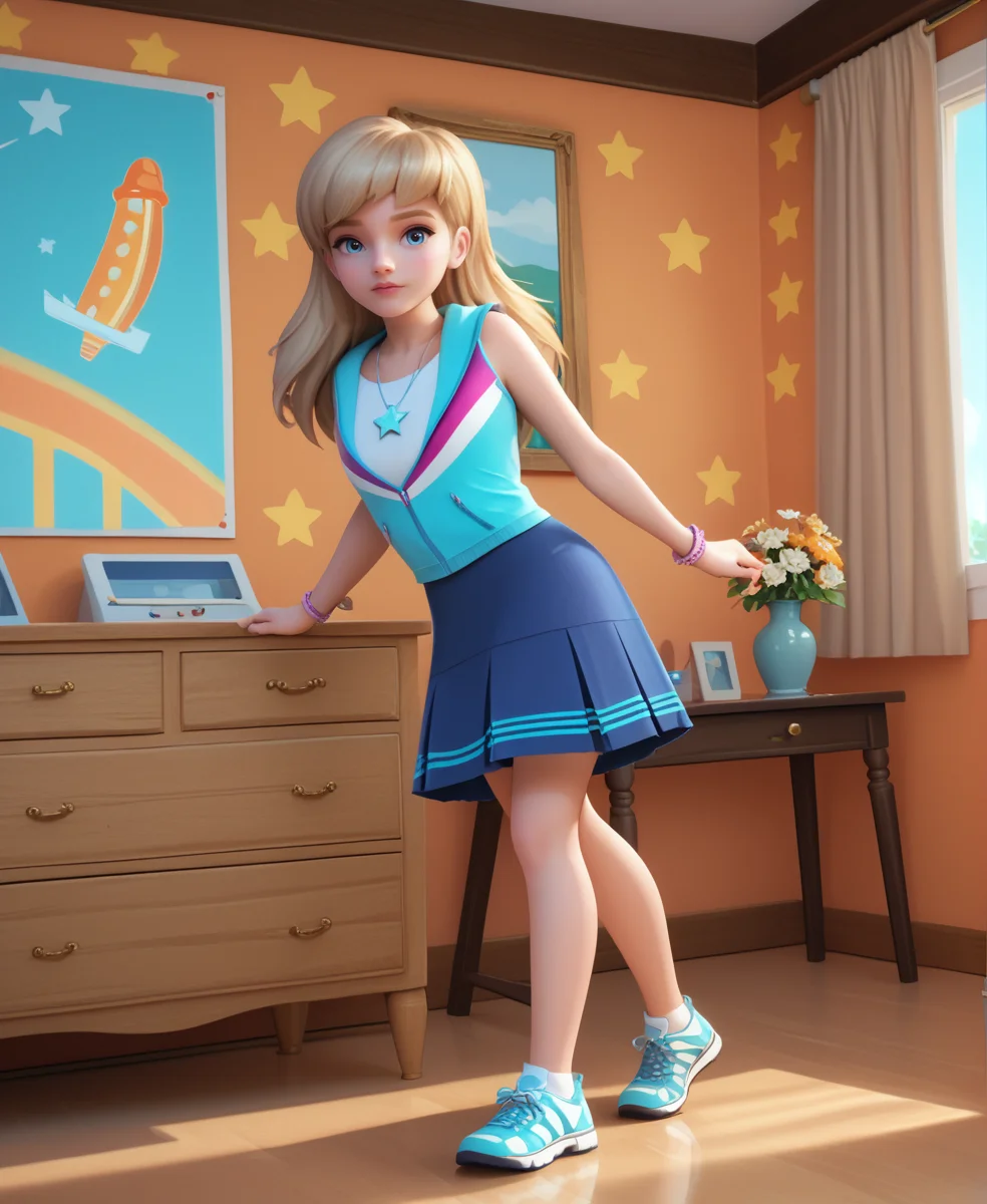 (zPDXL3) source_cartoon, Perfect Hands, full body, handsfree,
stephanie, blue eyes, long hair, blonde hair, blue skirt, shirt, sleeveless hoodie, necklace, star (symbol), bracelet, socks, blue shoes, sneakers, full body, 1girl, solo, indoors, sexy pose, dynamic angle , looking at viewer, volumetric lighting , girly bedroom, (detailed background:1.3).
<lora:Stephanie_-_lego_friends:1> <lora:Perfect Hands:1>