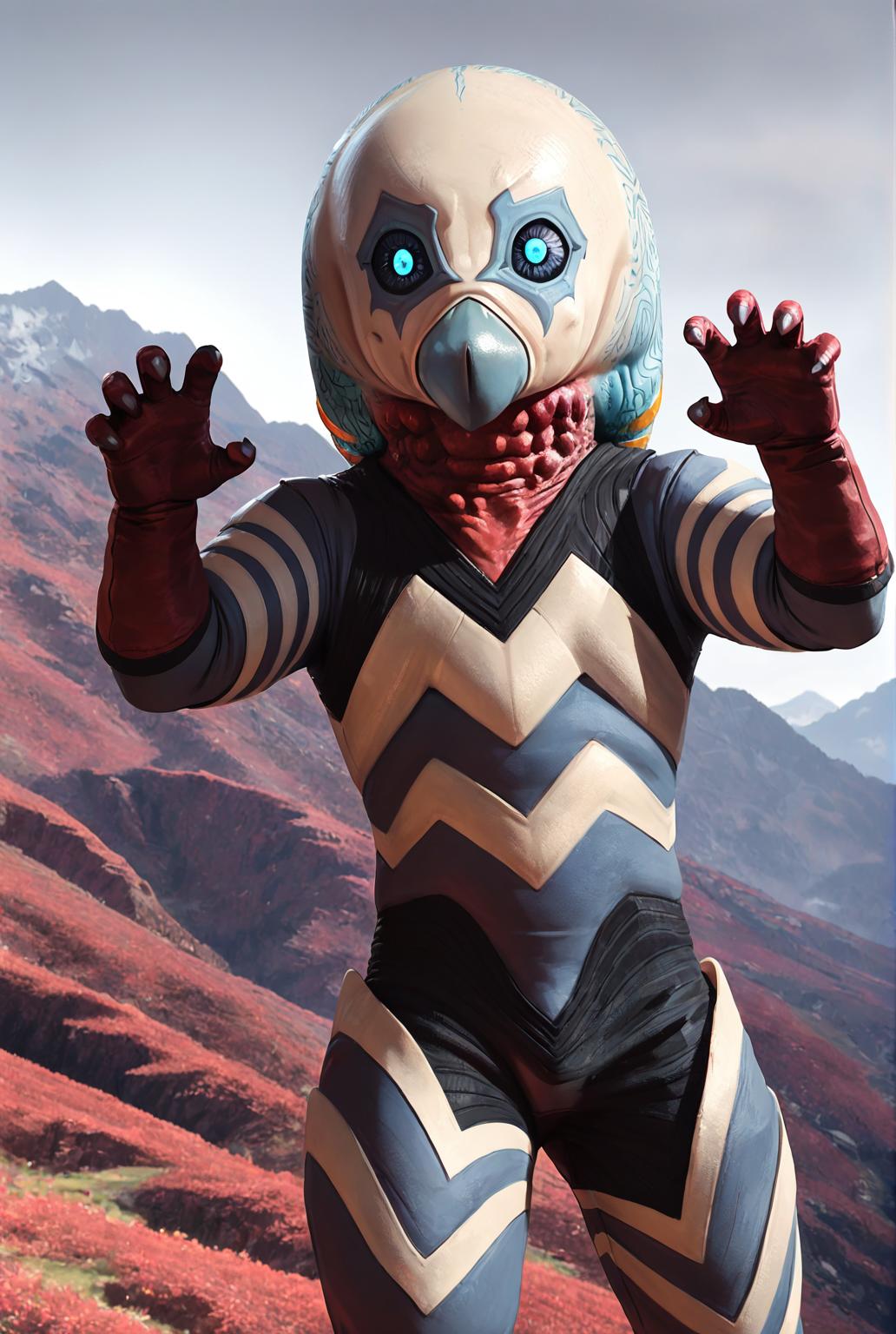 very awe,aesthetically pleasing,masterpiece,best quality,amazing quality,very aesthetic,ultra-detailed,high resolution,8k,1boy,solo,cowboy shot,male focus,detailed face,alien,no humans,gloves,blue eyes,red gloves,glowing eyes,giant,mountain, claw pose,<lora:Alien Guts:0.7>,alien guts,