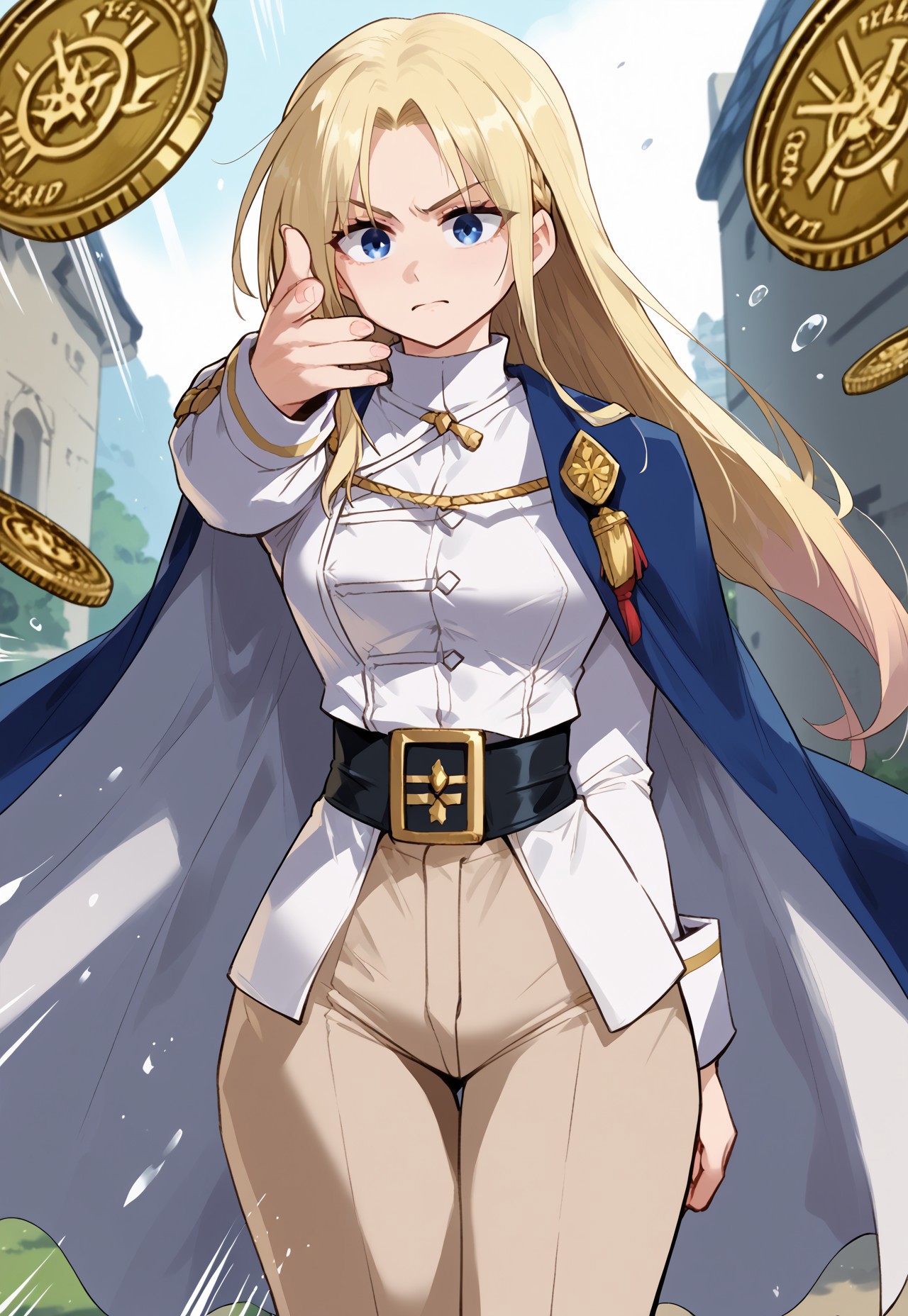 zPDXL3, score_9_up, score_8_up, score_7_up, (Anime_source), 1girl, EminemThrowingMeme, motion lines, motion blur, throwing coins, ChristinaVernstein, blue eyes, blonde hair, long hair, Military uniform, cape, pants