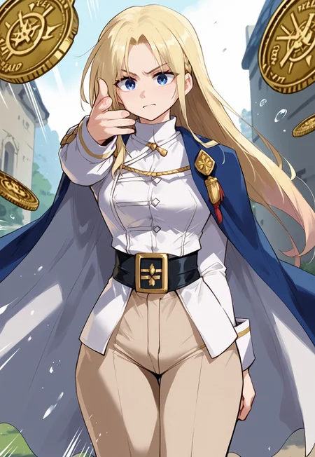 zPDXL3, score_9_up, score_8_up, score_7_up, (Anime_source), 1girl, EminemThrowingMeme, motion lines, motion blur, throwing coins, ChristinaVernstein, blue eyes, blonde hair, long hair, Military uniform, cape, pants
