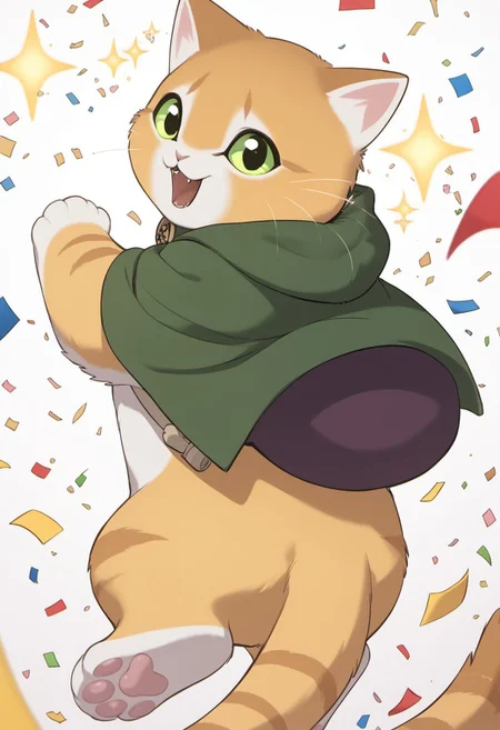 score_9, score_8_up,score_7_up,masterpiece, best quality,Thro, cat, sparkle, green eyes, no humans, open mouth, looking at viewer, solo, hood, animal focus, heart, smile, fangs, confetti, cape, animal, looking back, tail, :3, cloak