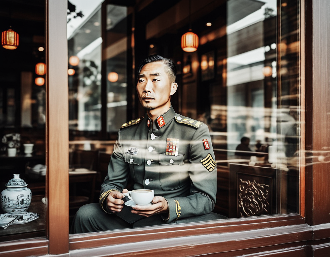 sunlight,A photorealistic image of a man in a well-detailed military uniform sitting in front of a large glass window. The man should be holding a cup of coffee, and his facial expression should be clearly visible, conveying a sense of calm or contemplation. The glass window should reflect traditional Chinese architecture, such as pagodas or ornate wooden structures, in a subtle yet noticeable manner. The lighting should be soft but sufficient to highlight the details on the man's face and uniform. The setting should be serene, perhaps with a touch of modern interior design elements to contrast with the traditional architecture reflected in the window,<lora:windowsback2:0.65>