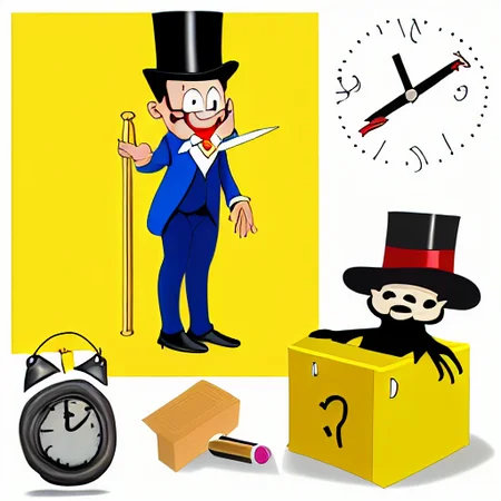 top hat, child drawing, hammer, box, pantyhose, book, talking, clock, yellow background