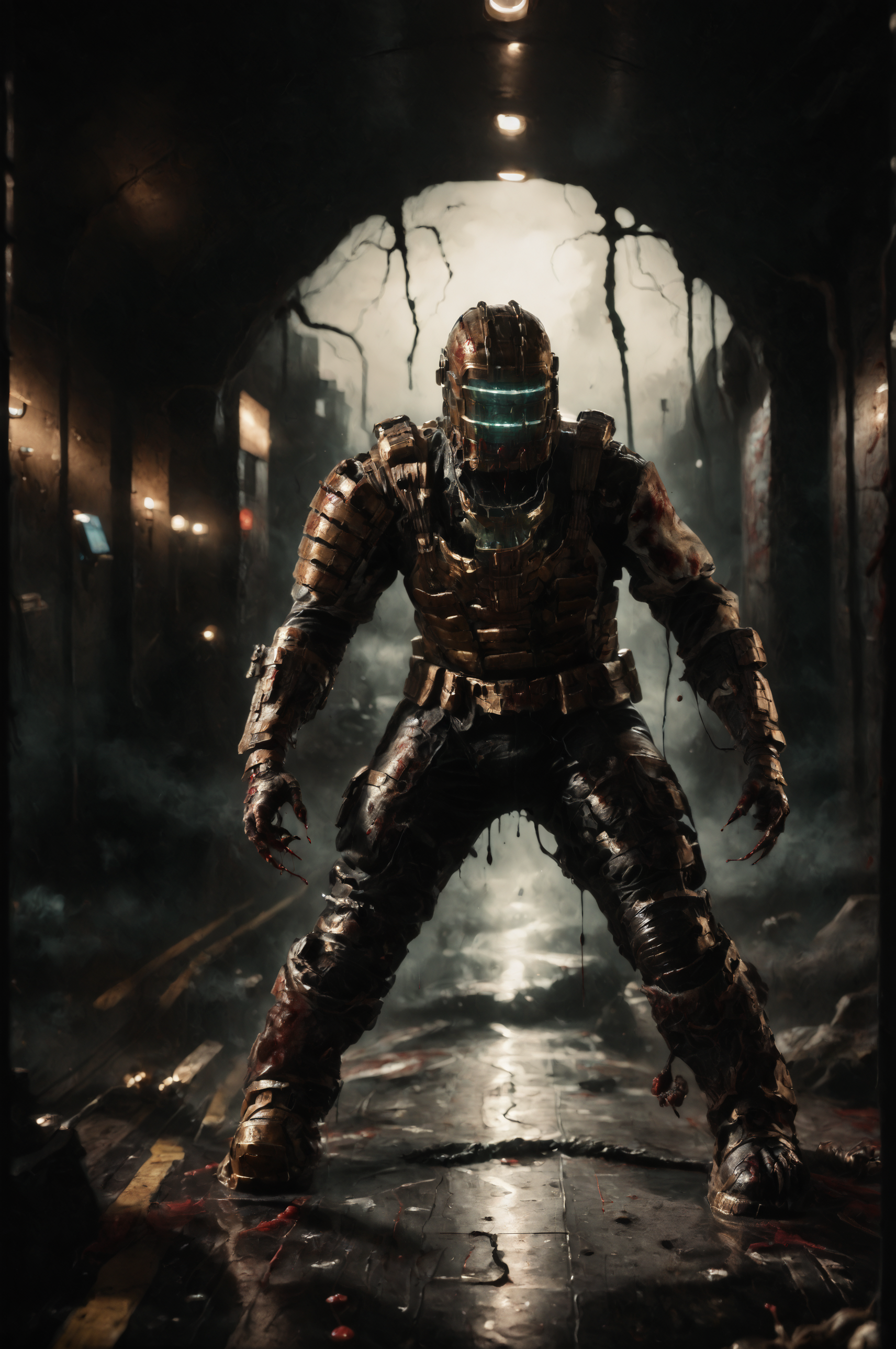 score_9, score_8_up, score_7_up, rating_questionable, horror \(theme\), science fiction, BREAK <lora:s1m13073PNYXL_V00:0.4>  <lora:Isaac_Clarke__Dead_Space__PonyXL:0.95> 1boy, isaac_clarke dead space, s1m13073, armor, helmet, gloves, boots, , (black goo, claws:1.2), full body, (dynamic pose:0.3), spacecraft interior, creepy and eerie hallway, blood on wall, blood on floor, blood on clothes, ((fog, smoke)), depth of field, lights off, dynamic lights, <lora:Sinfully_Stylish_dramitic_bold_lighting:0.75>