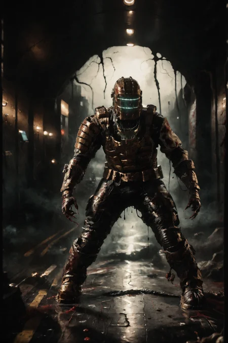 score_9, score_8_up, score_7_up, rating_questionable, horror \(theme\), science fiction, BREAK <lora:s1m13073PNYXL_V00:0.4>  <lora:Isaac_Clarke__Dead_Space__PonyXL:0.95> 1boy, isaac_clarke dead space, s1m13073, armor, helmet, gloves, boots, , (black goo, claws:1.2), full body, (dynamic pose:0.3), spacecraft interior, creepy and eerie hallway, blood on wall, blood on floor, blood on clothes, ((fog, smoke)), depth of field, lights off, dynamic lights, <lora:Sinfully_Stylish_dramitic_bold_lighting:0.75>