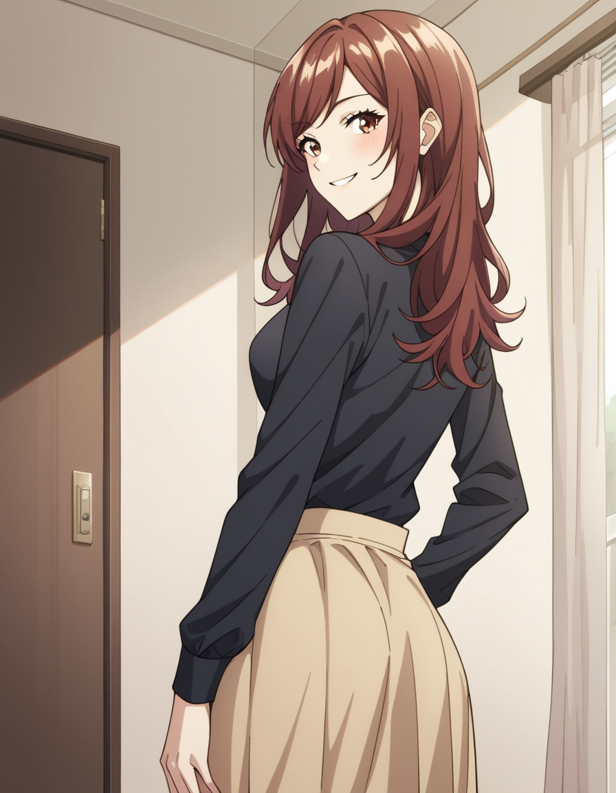 score_9, score_8_up, score_7_up, source_anime, uncensored, <lora:StS_detail_slider_v1:3>, zPDXLxxx, <lora:Miu_Midou_PONYXL_VexVexX:1>, MiuMidou, brown eyes, brown hair, red hair, long hair, bangs, medium breasts, black shirt, long skirt, brown skirt, cowboy shot, bedroom, from back, standing, looking back, one hand on hip, smile,