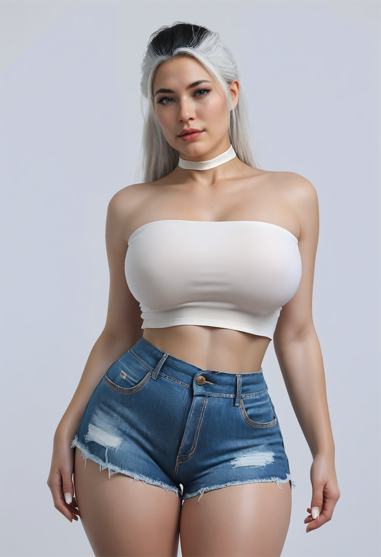score_9, score_8_up, score_7_up, realistic,
1girl, solo,
standing,
looking at viewer,
S1nd3l_SKNSFW, mature female, curvy, large breasts, black hair, white hair, multicolored hair, two-tone hair,
white crop top, strapless, bare shoulders, 
shorts, denim shorts, 
white background, simple background, 
<lora:Sindel_SKNSFWv1:0.7>