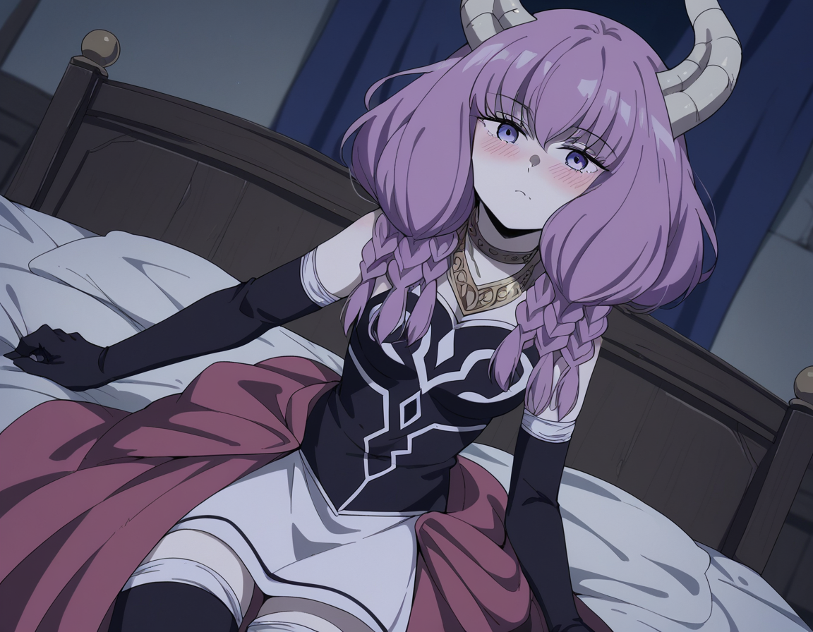 score_9, score_8_up, score_7_up, source_anime,
auratheguillotine, <lora:aura-the-guillotine-s1-ponyxl-lora-nochekaiser:1>,
aura the guillotine, long hair, purple eyes, purple hair, braid, horns, twin braids,
skirt, thighhighs, gloves, choker, black gloves, elbow gloves,
indoors, bed, bed room, on side, blush, drunk,
cowboy shot, solo, dutch angle, looking at viewer,