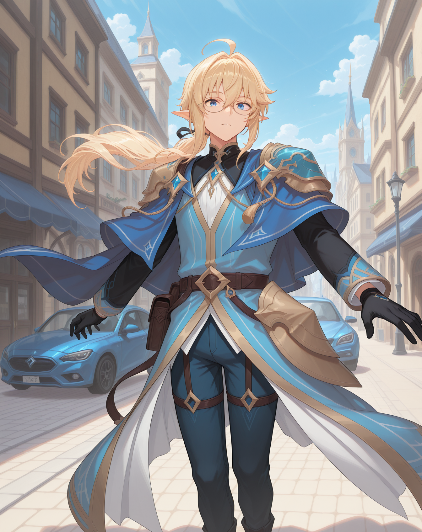 masterpiece,best quality,amazing quality, newest, very aesthetic, absurdres,
1boy, solo, yaoi, male focus, looking at viewer, cowboy shot, standing,
 <lora:Grandiel_Likability_ilxl:1> likabilitygrandiel, pointy ears, blonde hair, blue eyes, long hair, glasses, hair between eyes, ahoge, low ponytail, floating hair, elf, sidelocks,
white shirt, jeans, sneakers,
outdoors, day, blue sky, building, street, road, lamppost, car,