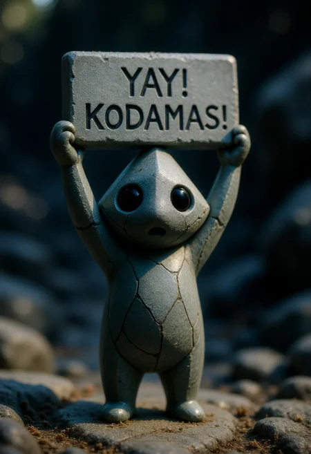 A small Kodama forest spirit stands with both arms raised in front of a blurred rocky background. Its body is made of smooth, gray stone with subtle cracks and textures, and its head is shaped like a rounded triangle, giving it a distinct geometric silhouette. Large, dark, oval eyes are set low on its face, contrasting against the matte stone surface. With both hands, it holds up a flat stone tablet above its head, and carved into it in bold, uneven letters is the message: "YAY! KODAMAS!" The close-up view captures the details of its textured rock surface, the shallow engravings on the tablet, and the faint dust and lichen along its edges. Behind the Kodama, soft natural light filters through, highlighting the raised arms and the cheerful sign it holds. <lora:Kodama_V1:1>