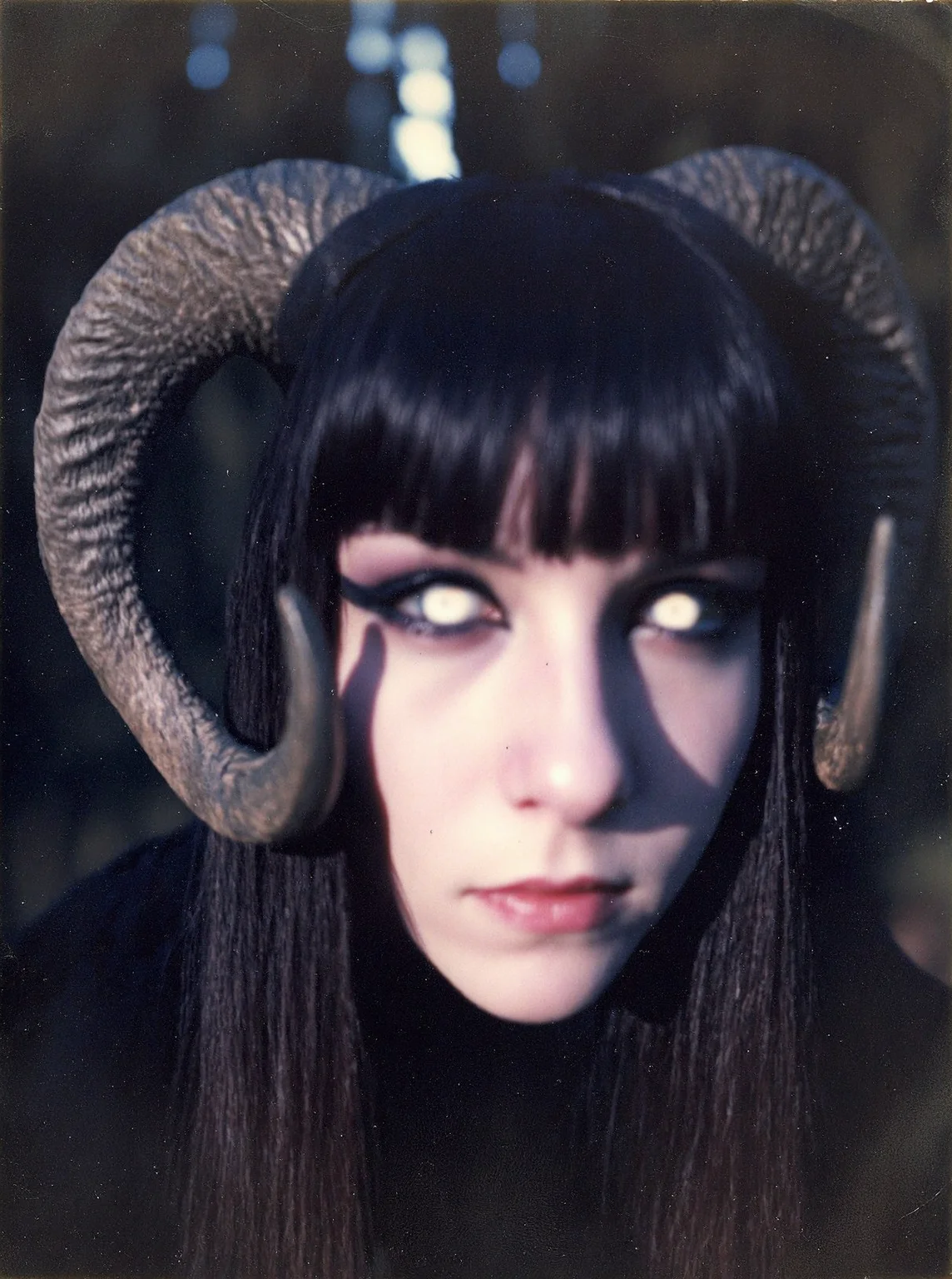 p0l2rd, vintage photo of Young woman, early 30s, long straight dark hair, wearing black attire. She has prominent dark makeup with exaggerated eyeliner and a pale foundation. she has striking white glowing eyes. She wears large, textured ram horns. The setting appears outdoor with a bright forest. prominent film grain, high contrast lighting casting dramatic shadows, grainy film-like texture, overexposed and blurry photo