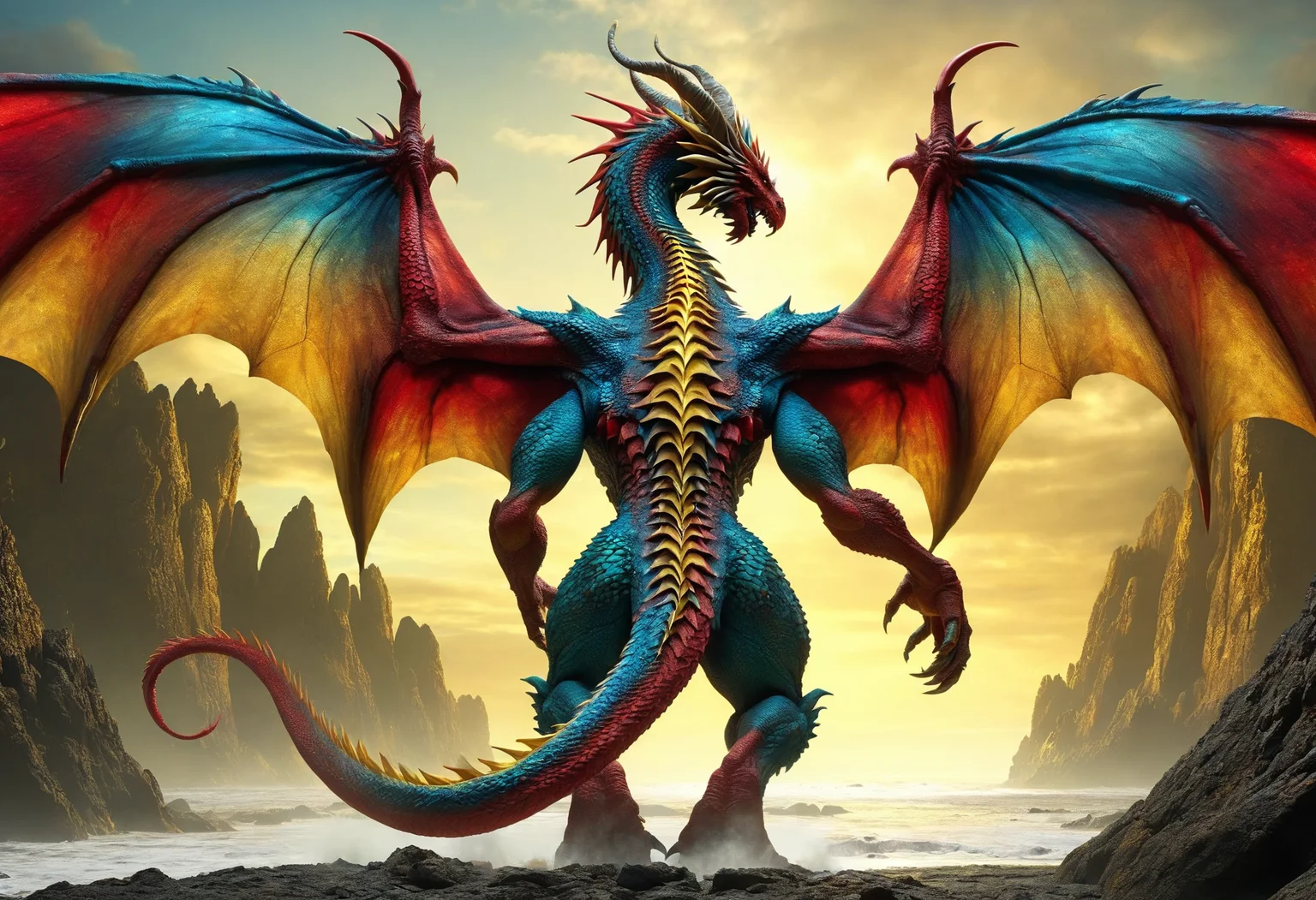 awesome quality, dynamic,DonMDr4g0nXL dragon from behind,wings attached to back, mustardyellow rocky time, bluish-red tidal kinetic <lora:myLora\DonMDr4g0nXL-v2rb:1>,