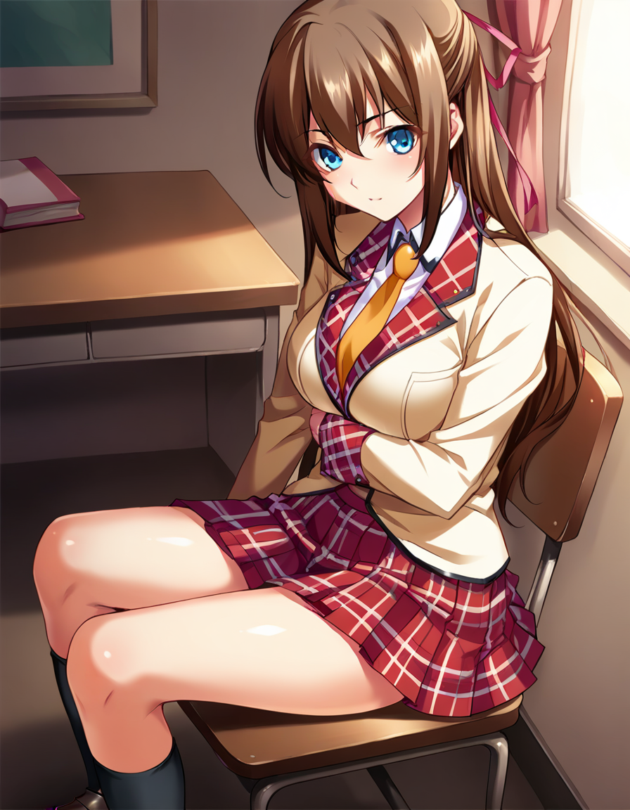 1girl,solo,<lora:suzumoto_kiyokakyouiku_shidou-000010:0.8>,suzumoto_k,long hair,brown hair,blue eyes,school uniform,red skirt,sitting,on chair,, score_9, score_8_up, score_7_up, score_6_up, score_5_up, score_4_up, BREAK source_anime,