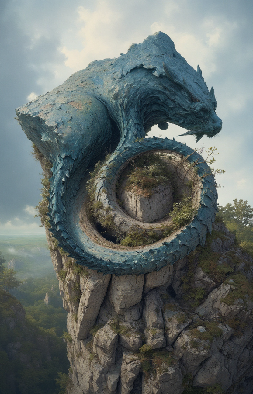 strange and impossible to solve fast moving gravitation tilted 454.78 degree upside down, baffling optical illusion, disorienting angle, a mountain covered in trees dragon rocky body and a chiseled rocky wings uncanny covering the village with rocky wings, resting on a mountain top  <lora:- Flux1 - impossible_geometry_V1.0:.7>