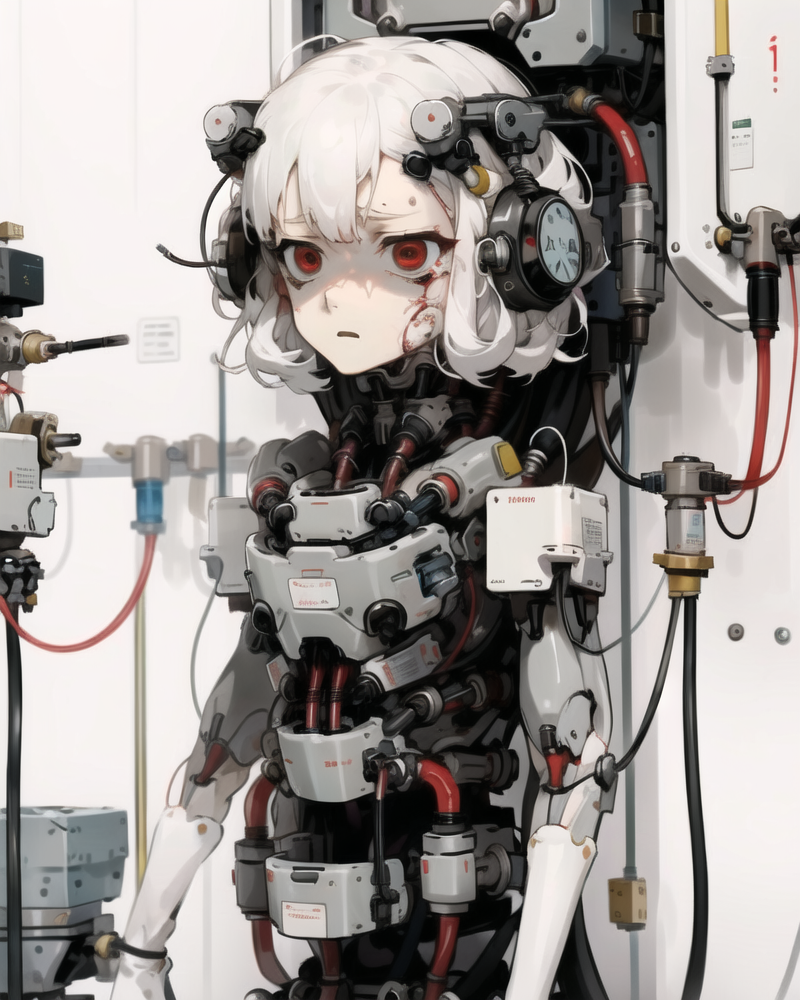 girl,white hair,red eyes,headphones,stuck in wall,restraints,trapped,machine,brainwashing,pumps and tubes,wires,(docking station:0.7),(assembly line:1.2),laboratory,charging,empty eyes,<lora:HardSurface_beta:0.7>,<lora:extremely_detailed:0.5>,(expressionless:1.5),<lora:Atompunk:0.6>,